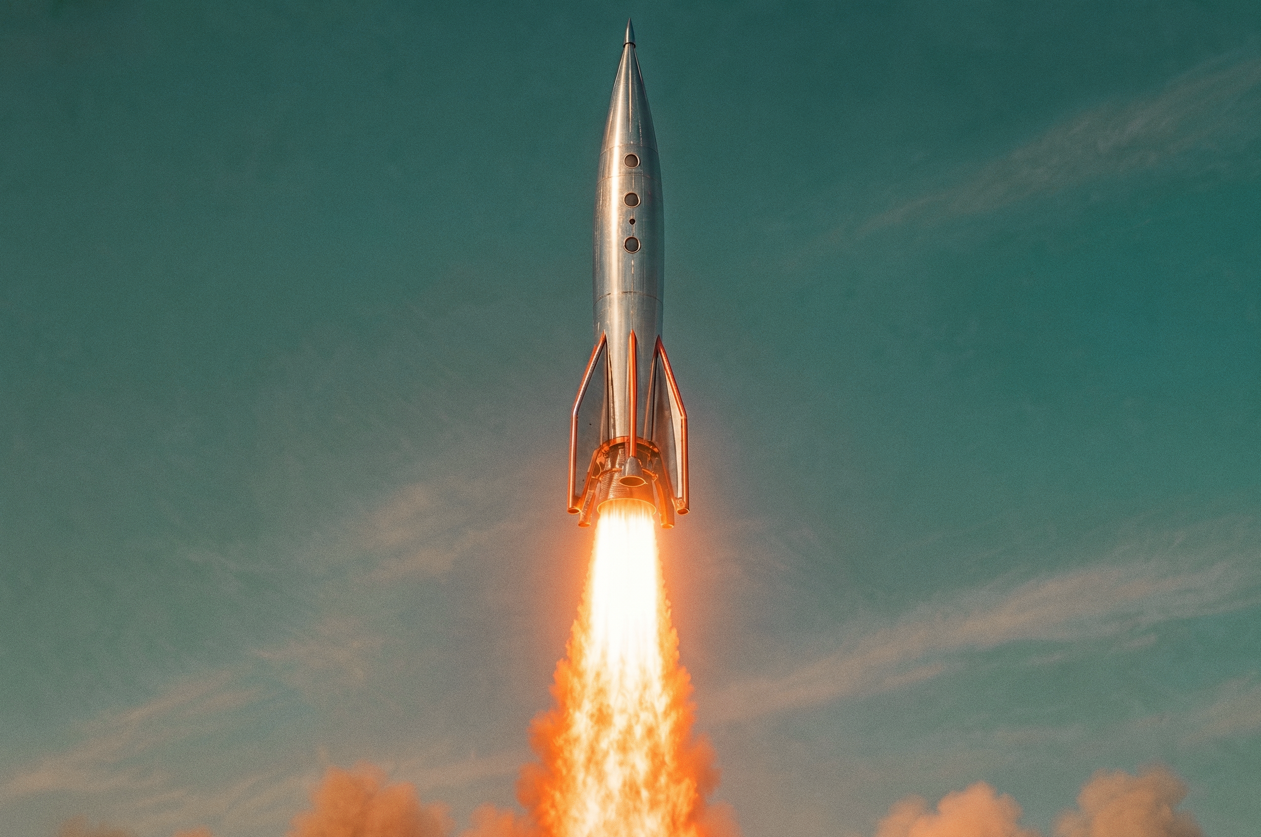 A chrome rocket lifting off