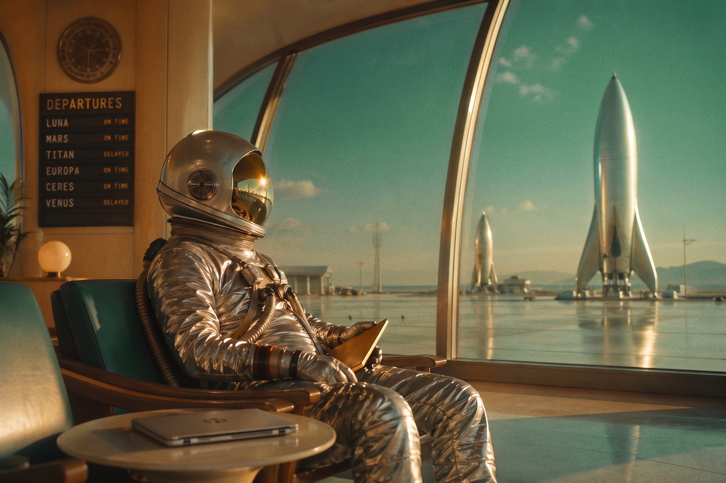 A traveler waiting in a retro spaceport lounge
