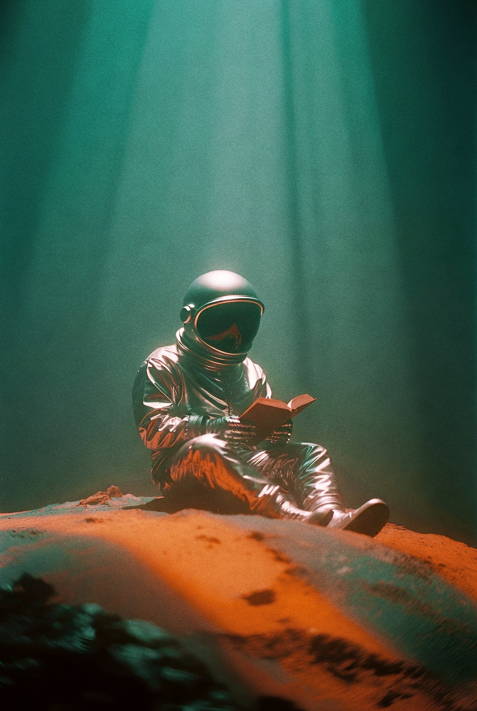 An astronaut reading a book