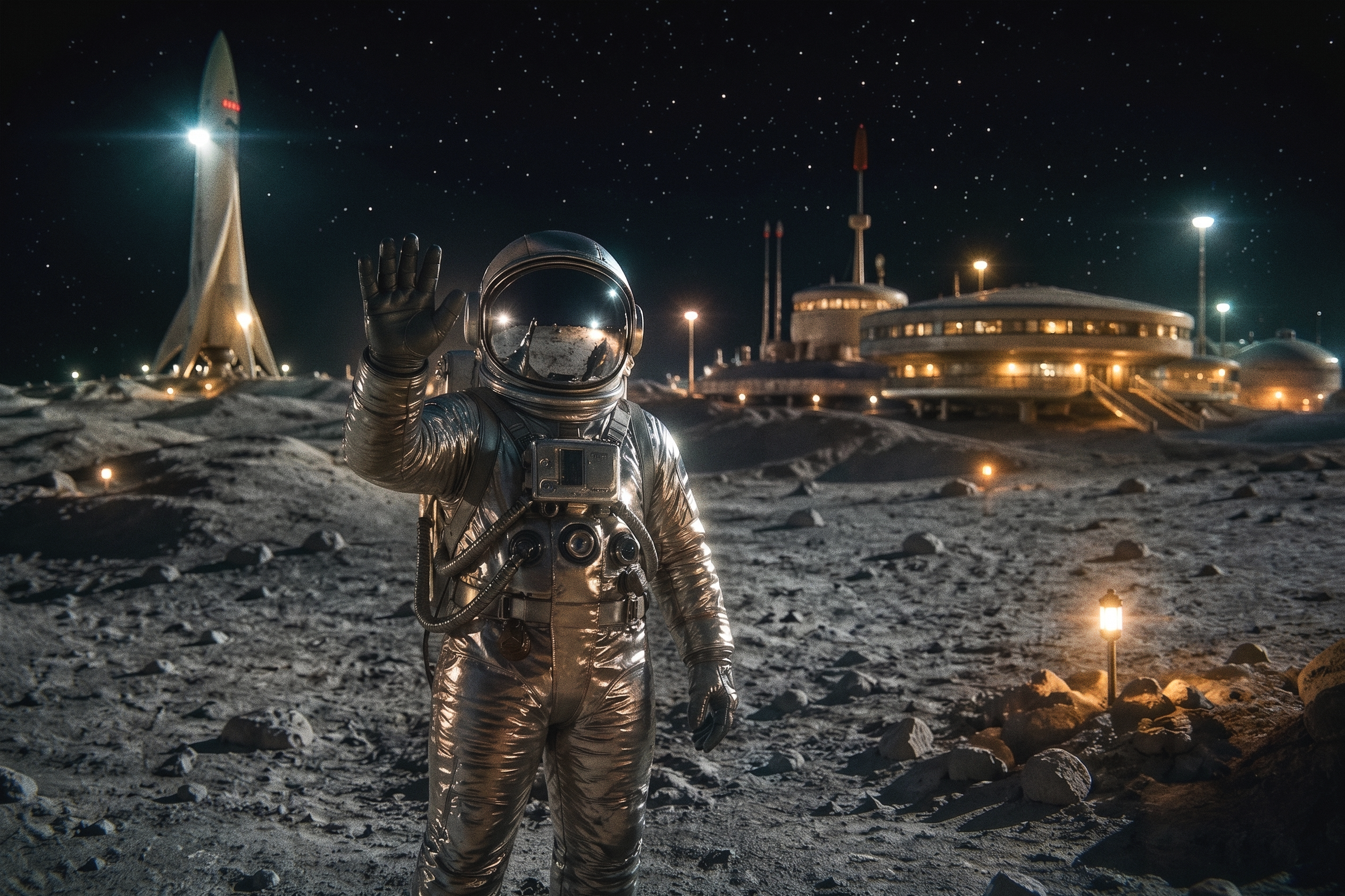 An astronaut waving at a lunar spaceport