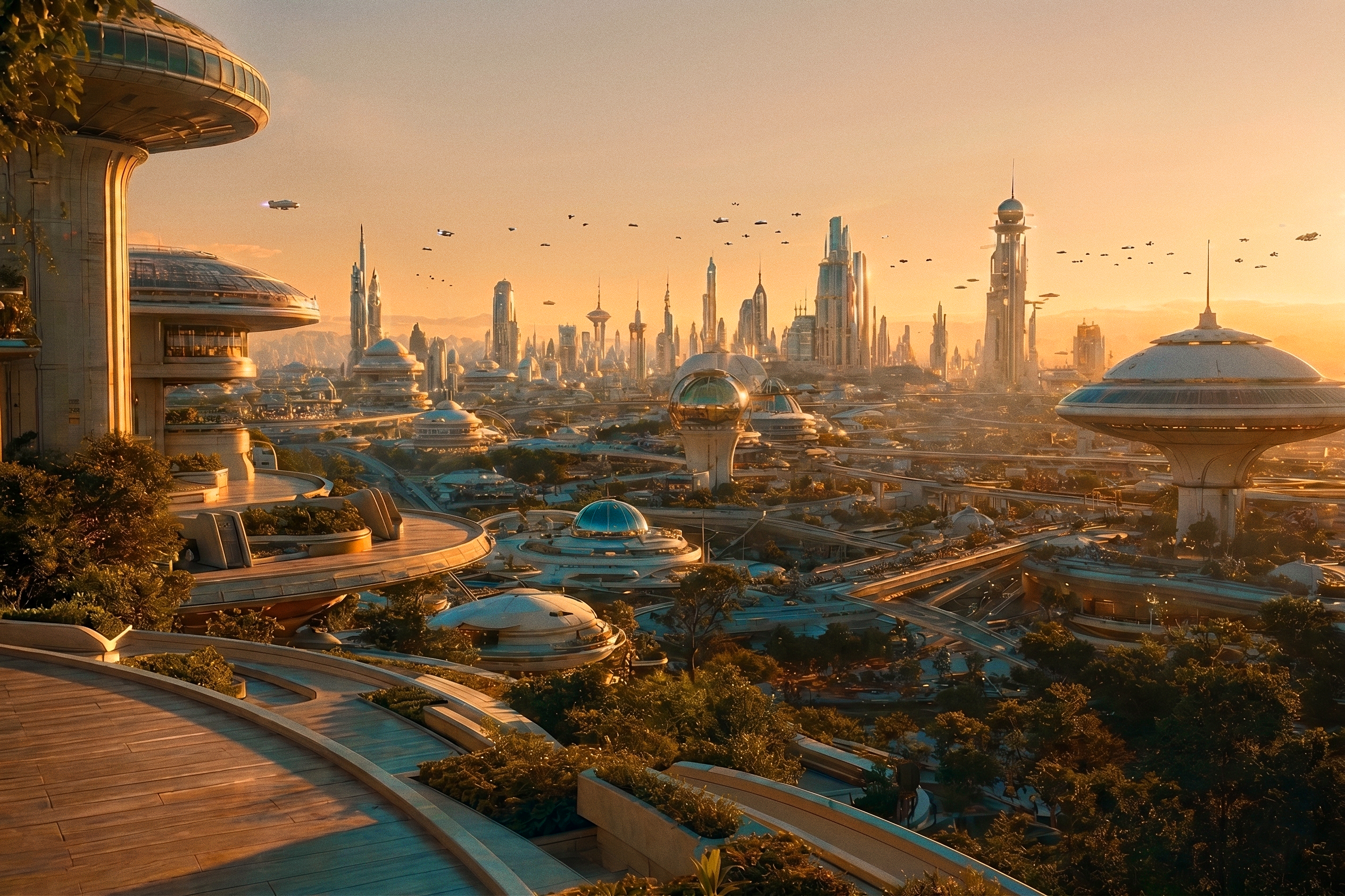 Planetary City skyline at sunset