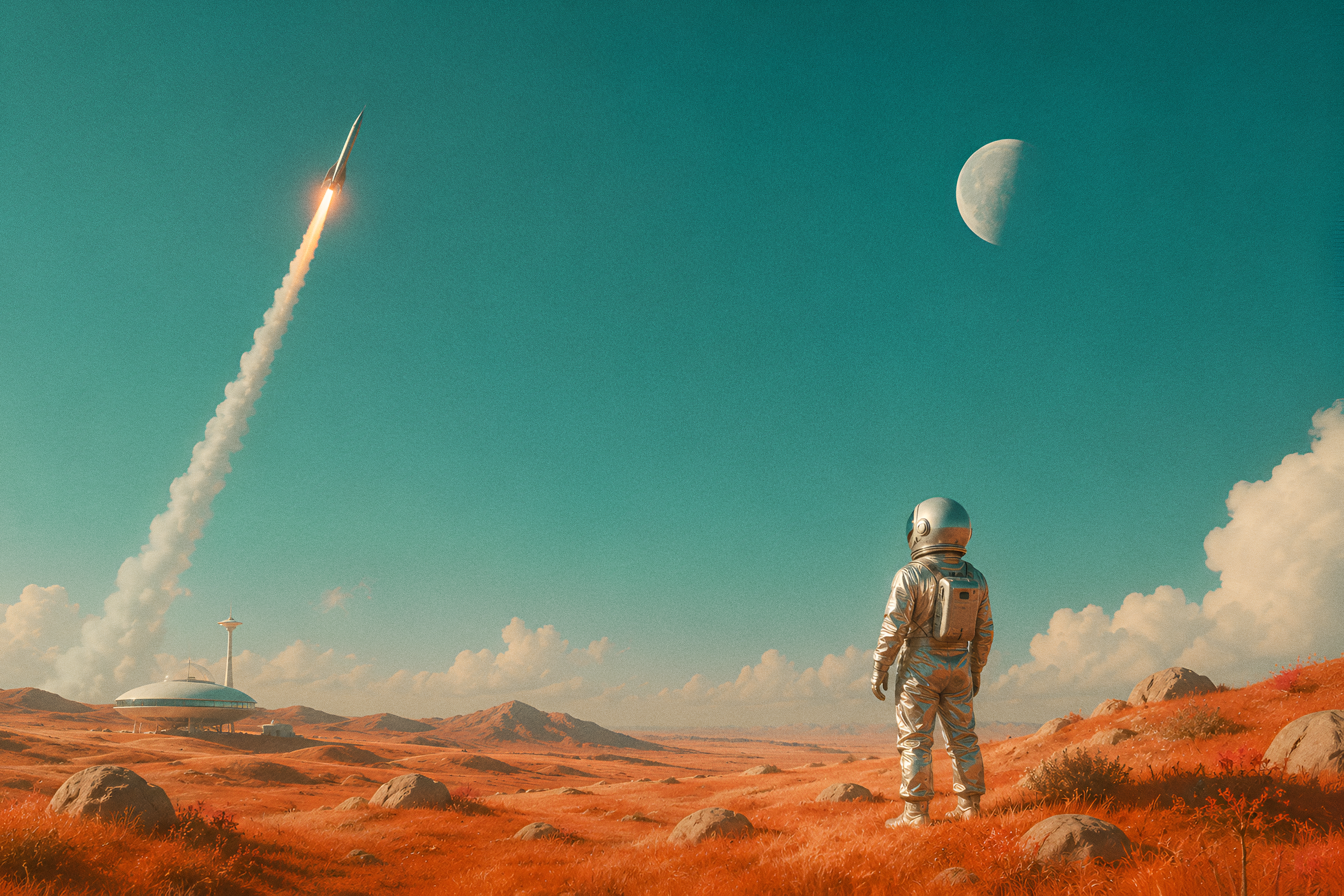 An astronaut watching a rocket launch